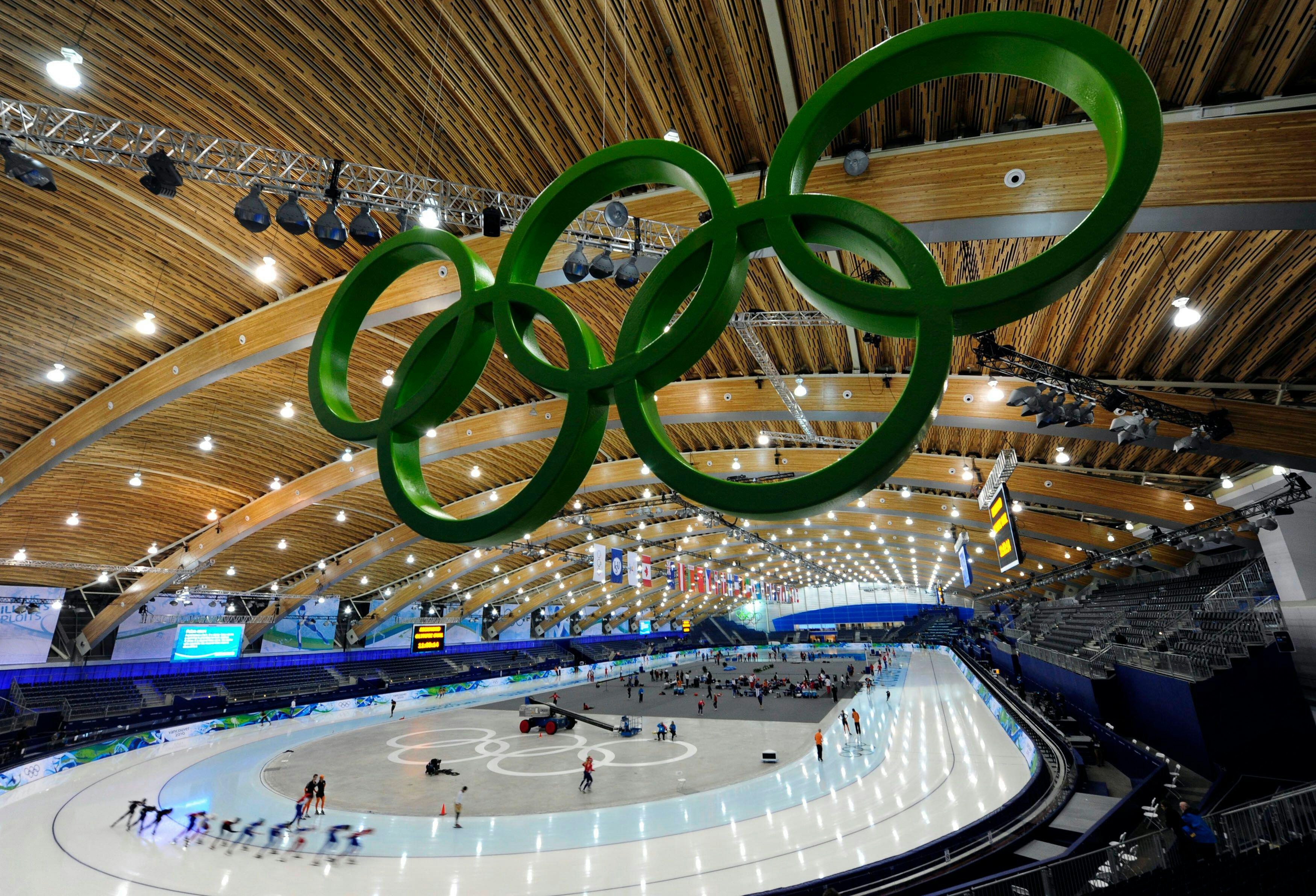 Speed skaters practise in preparation for the Vancouver 2010 Winter Olympics at the Richmond Olympic Oval.