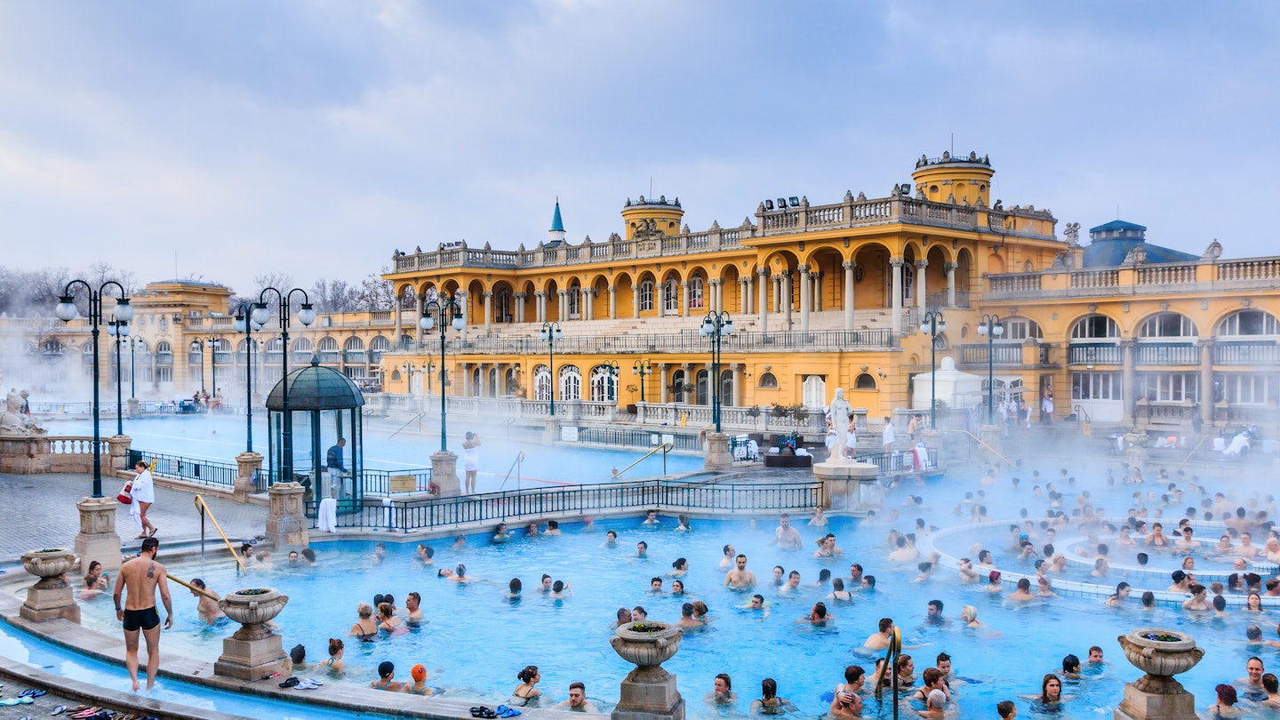 January 1, 2018: Bathers crowd Szechenyi Baths in Budapest.