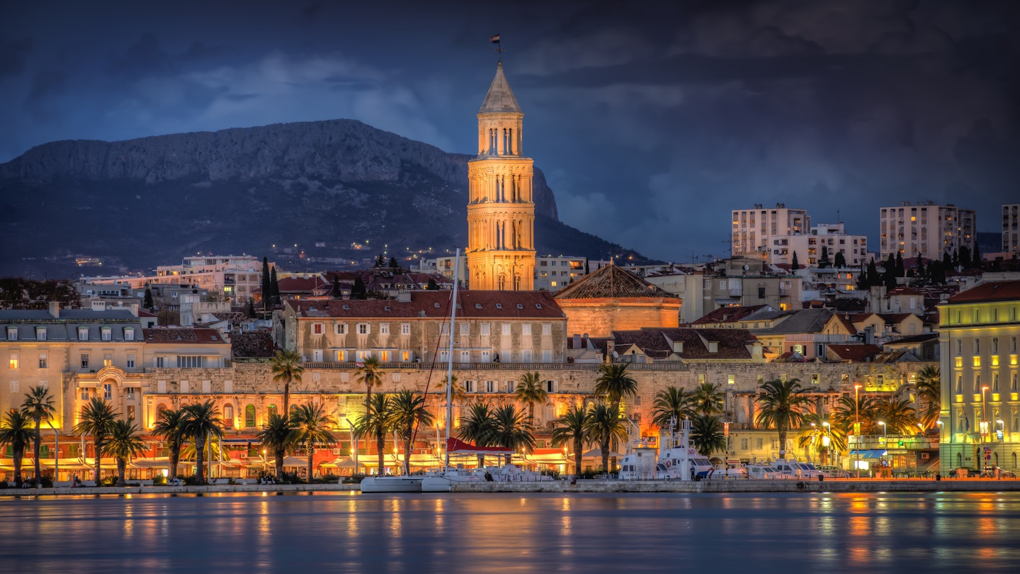 Split illuminated at night.