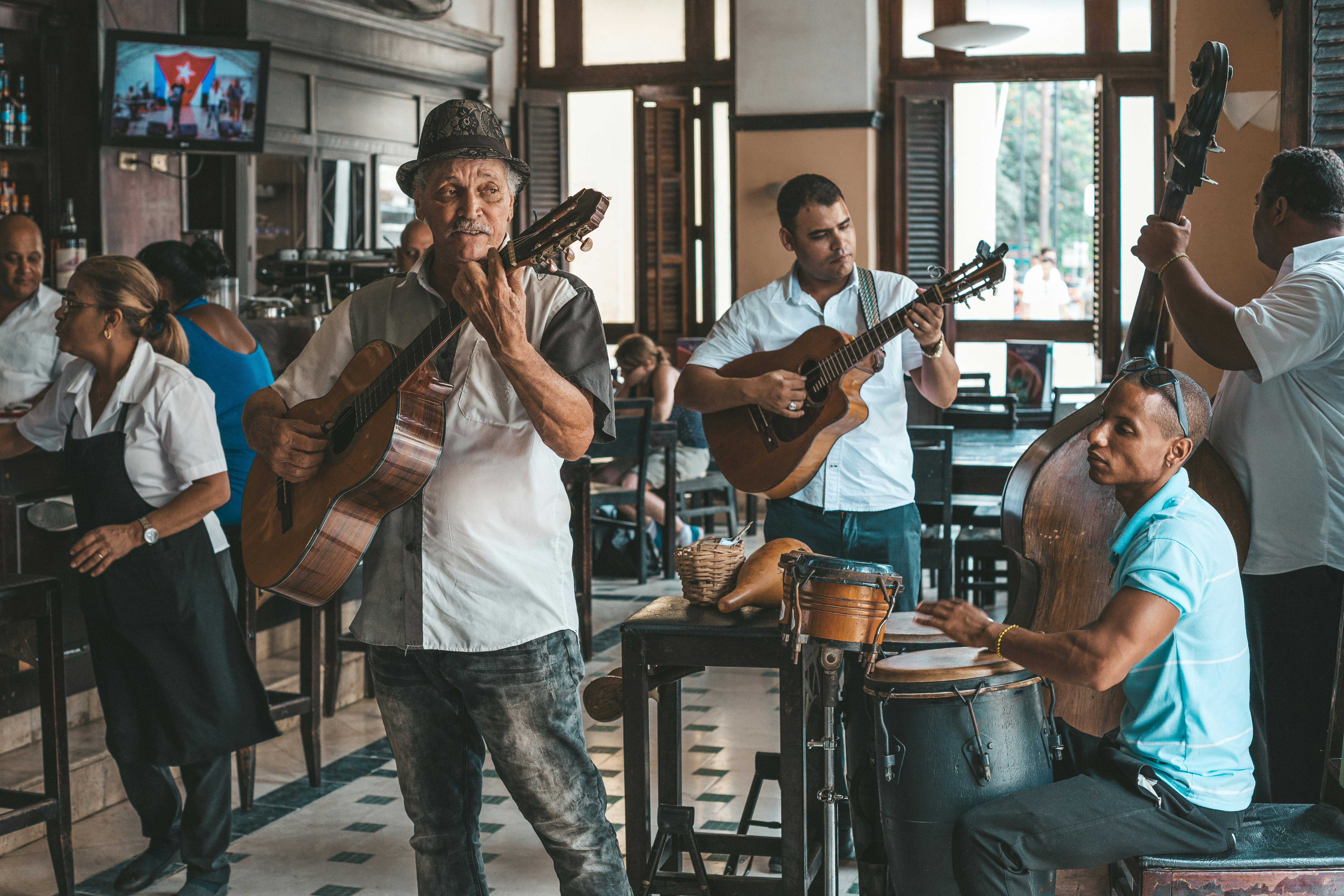 Cuban band performing live music in the bar Dos Hermanos.