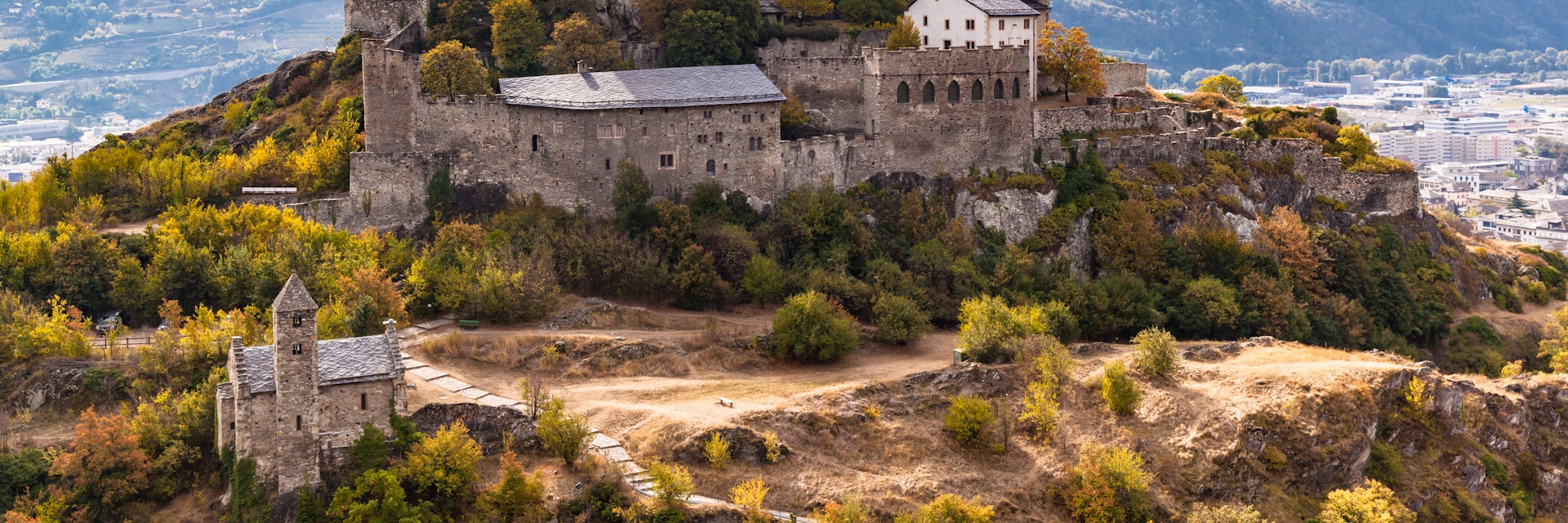 The Valere Basilica, an ancient fortified church in Sion, Canton of Valais, Switzerland.