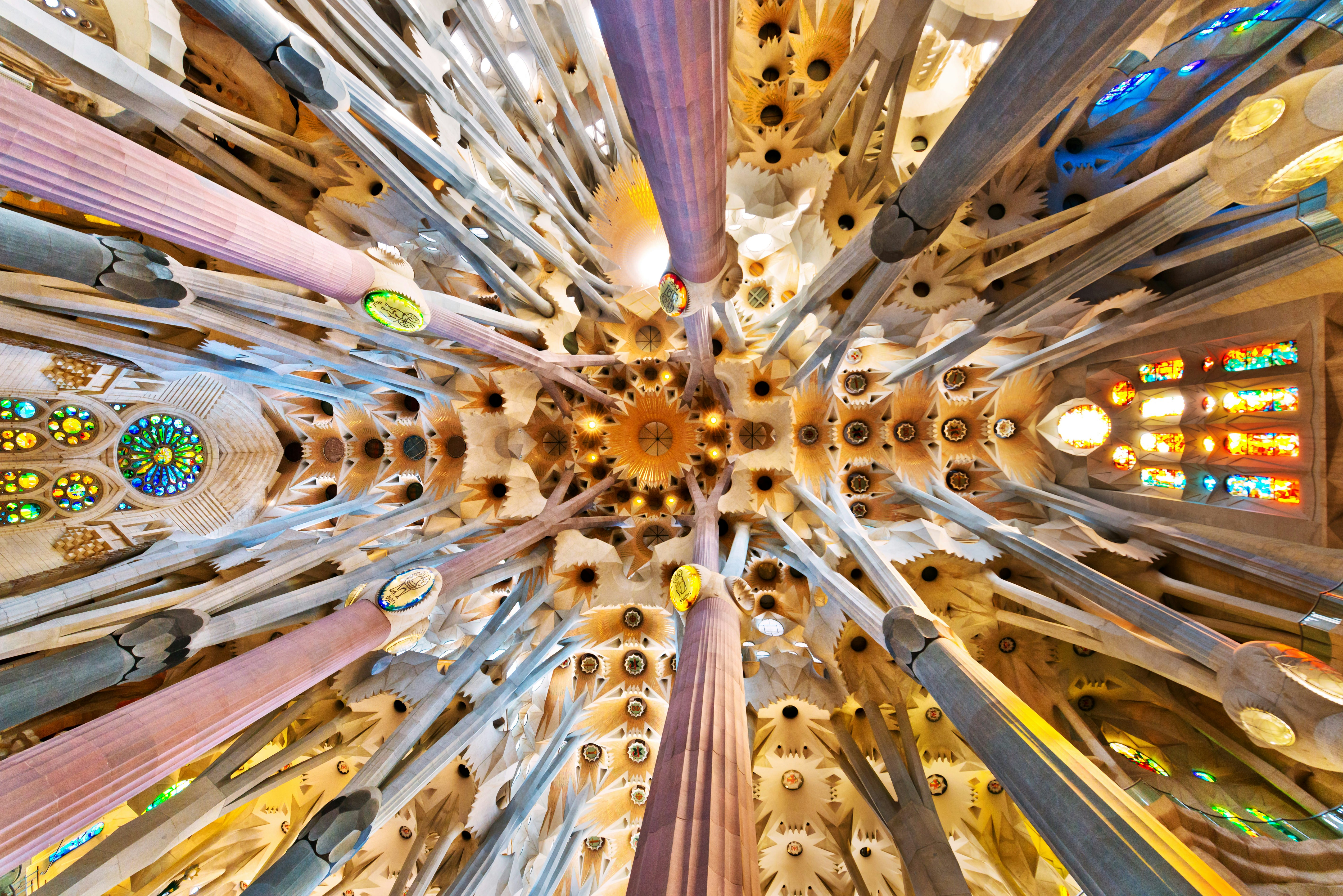 Seashell-like columns glow in pastel colors in La Sagrada Família.
