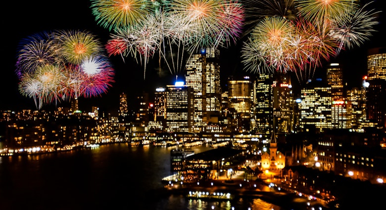 Fireworks above Sydney's harbour at night.