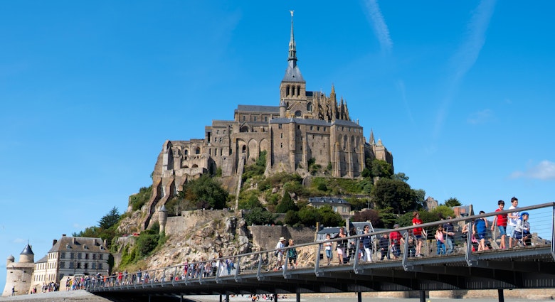 Mont Saint Michel, France - August 17, 2018: Abbey of Mont St. Michel. View of famous Le Mont Saint-Michel, Brittany Normandy France License Type: media_digital Download Time: 2024-06-21T18:56:06.000Z User: bhealy950 Is Editorial: Yes purchase_order: 65050