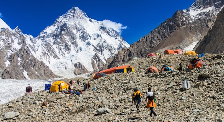 Broad Peak Base Camp during K2 Trek on Baltoro Glacier; Shutterstock ID 2144219465; purchase_order:65050 - Digital Destinations and Articles; job:Online editorial; client:K2 trekking to base camp; other:Claire Naylor
2144219465
