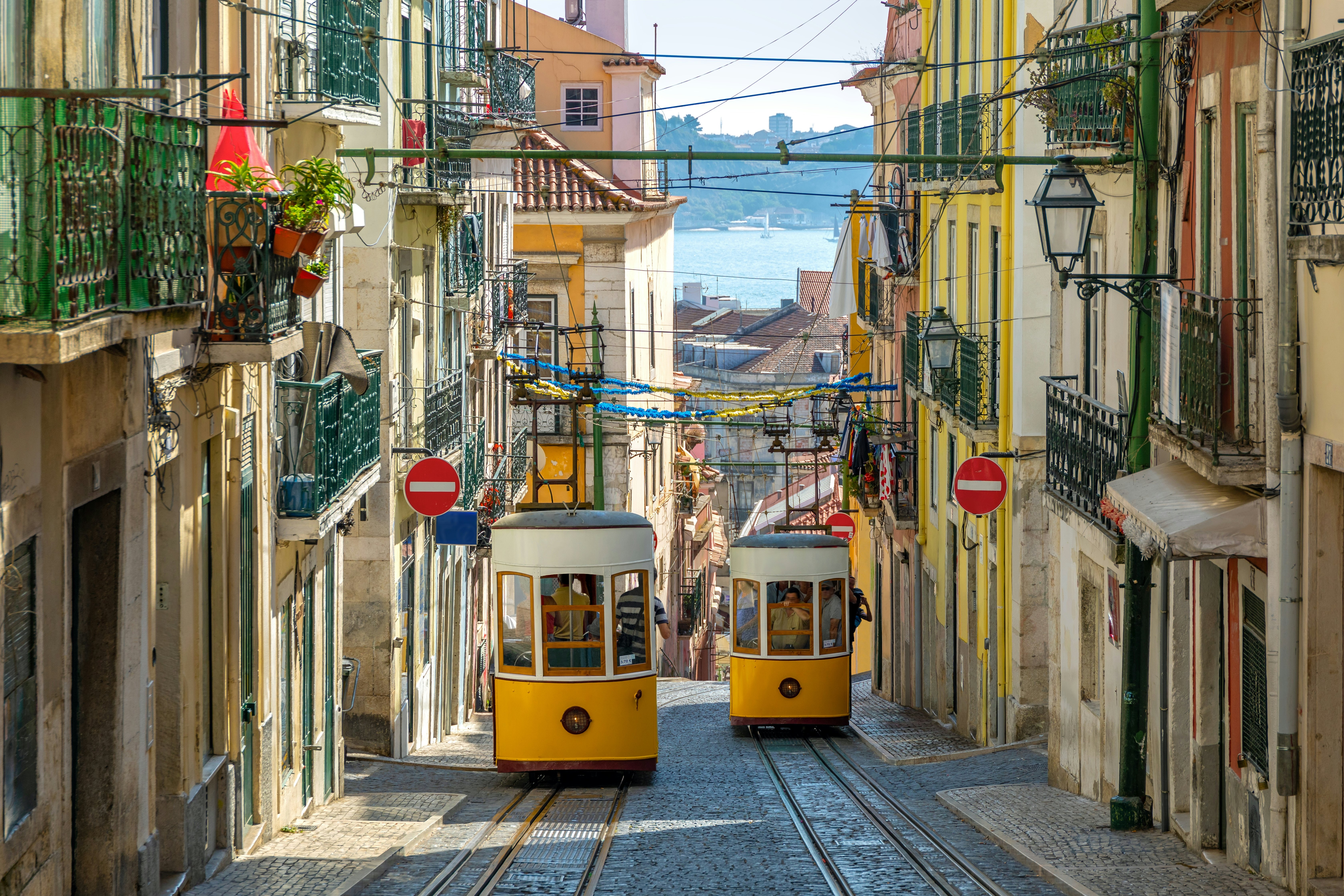 Two yellow funicular trams riding tracks up a cobblestone street with buildings on either side and a river in the distance.
