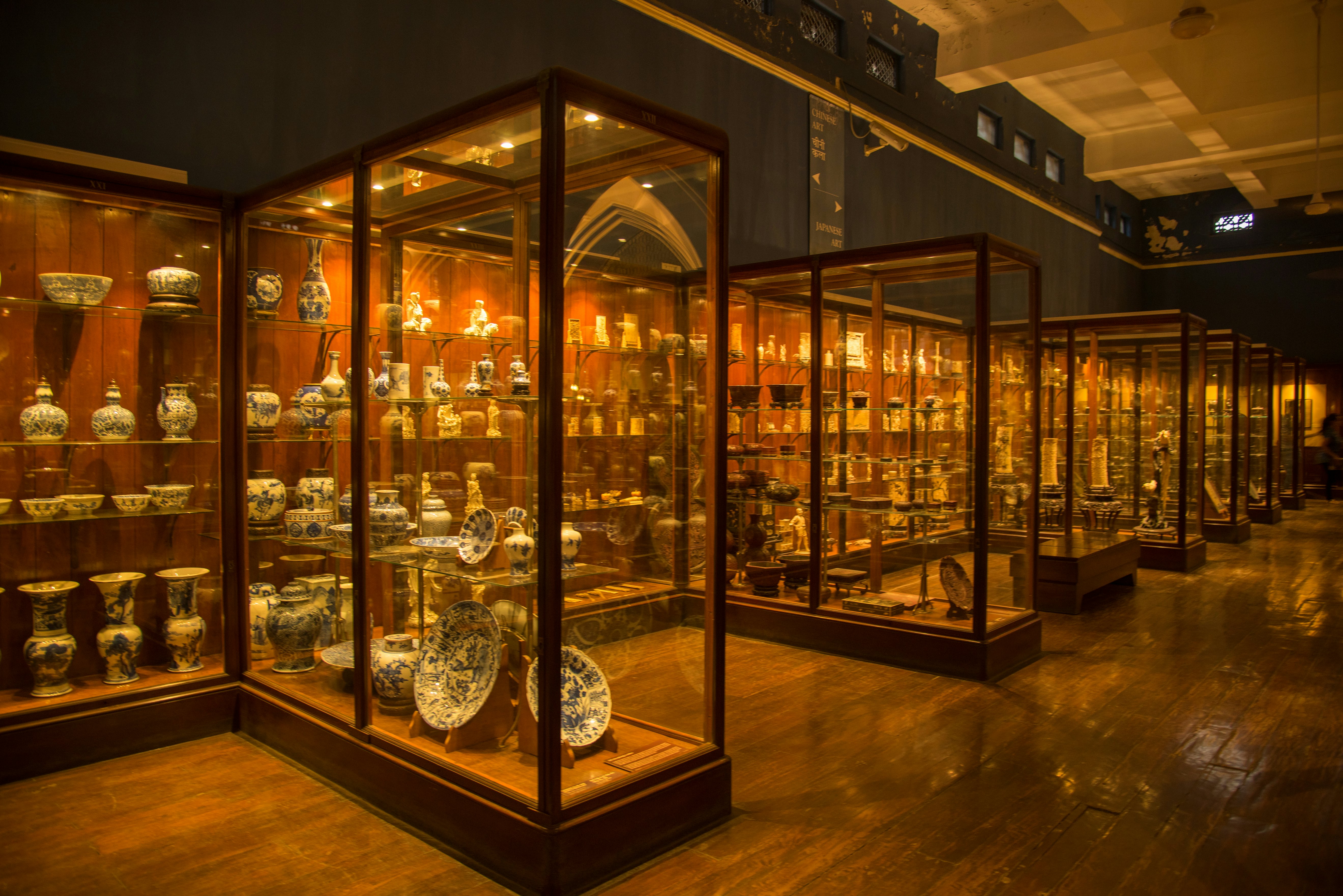 Ceramics on display inside the Chhatrapati Shivaji Maharaj Vastu Sangrahalaya museum in Mumbai.